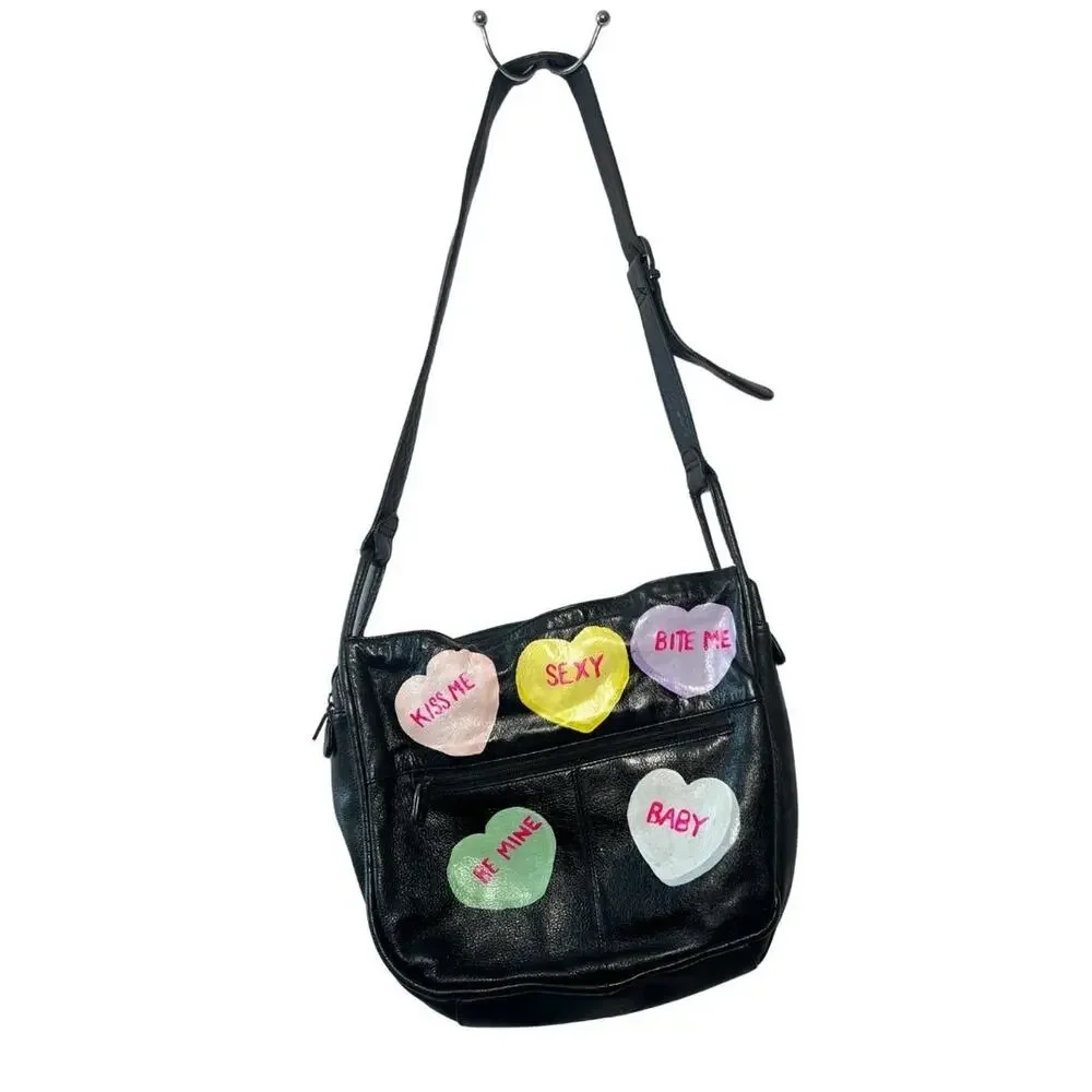 Black Leather Hand Painted Sweethearts Purse Graphic Cheeky Whimsy Pop Art